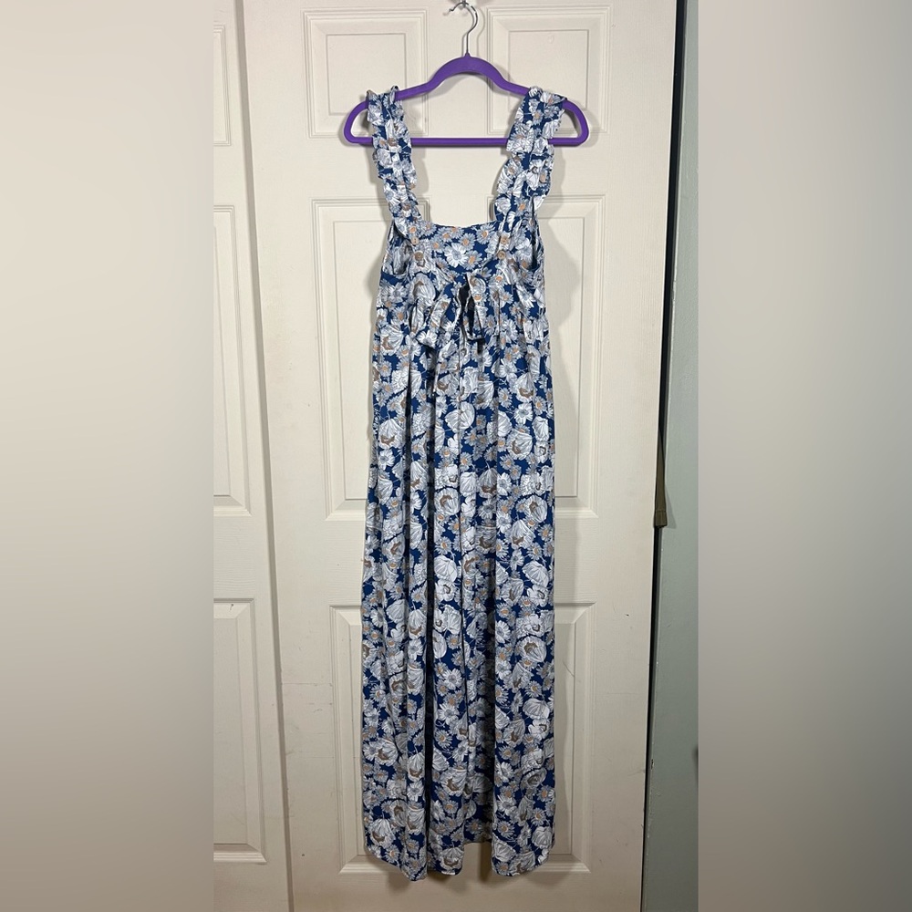 KORI NWT Blue Floral Wide Leg Jumpsuit Ruffle Strap Tie Front Boho medium - Picture 3 of 10